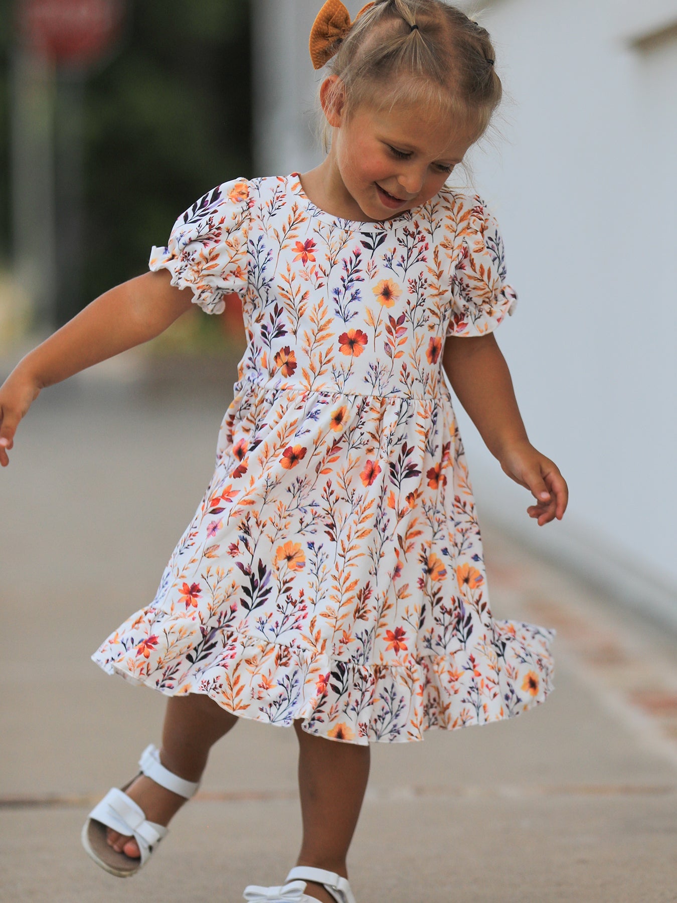 Fall Floral Puff Sleeve Ruffle Girls Dress