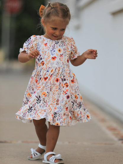 Fall Floral Puff Sleeve Ruffle Girls Dress
