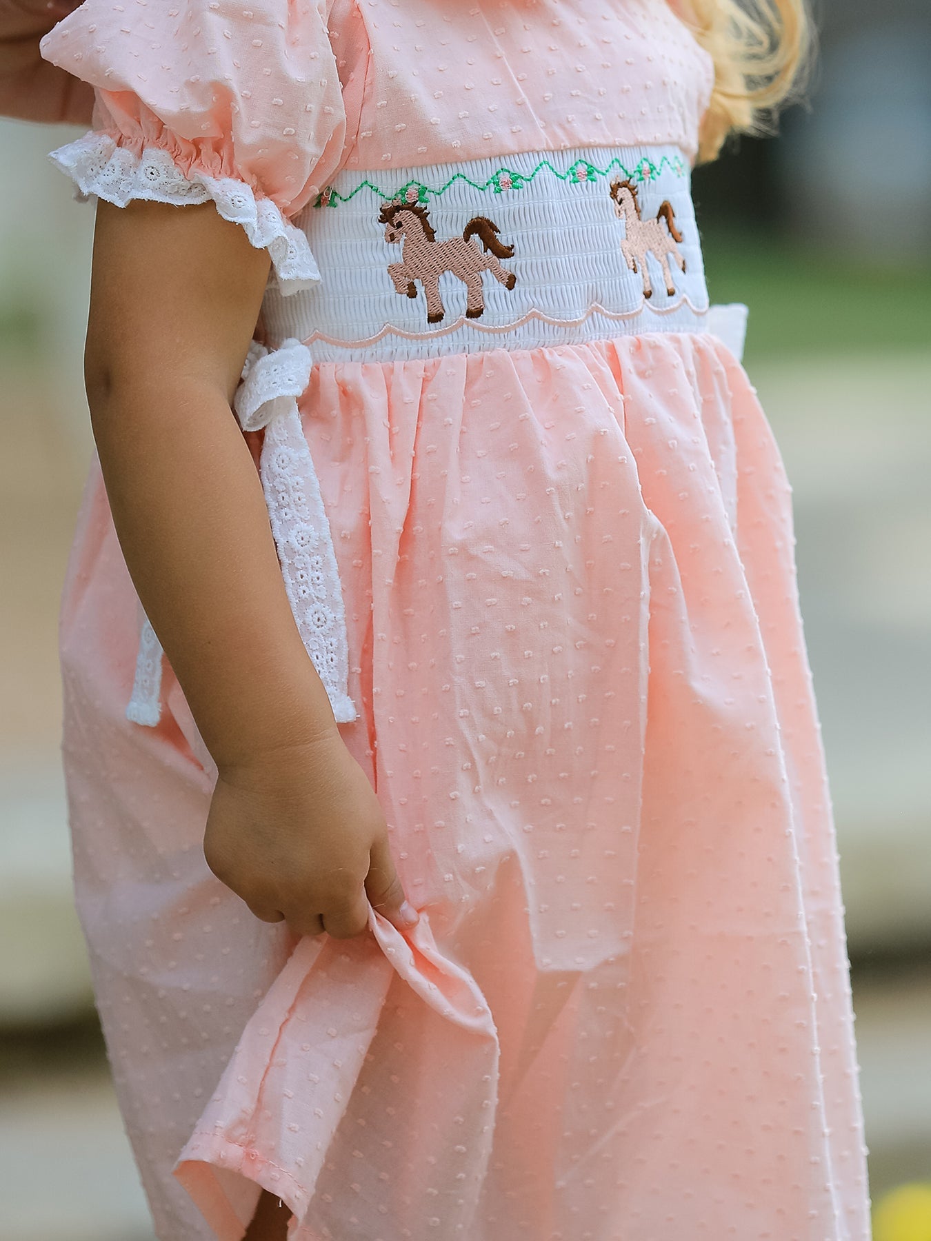Western Horse Embroidery Girls Dress Lace Petals Collar Puff Sleeve