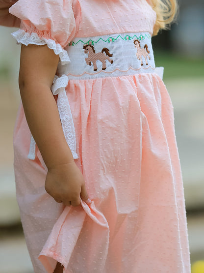 Western Horse Embroidery Girls Dress Lace Petals Collar Puff Sleeve