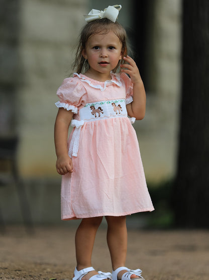Western Horse Embroidery Girls Dress Lace Petals Collar Puff Sleeve
