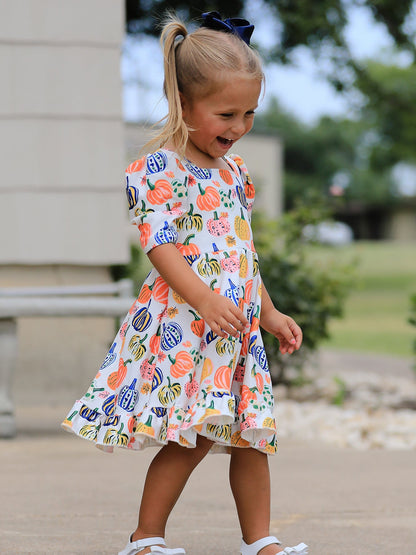 Halloween Pumpkin Print Girls Ruffle Hem Dress