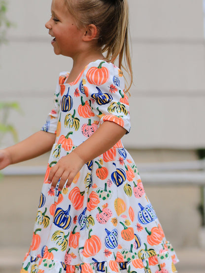 Halloween Pumpkin Print Girls Ruffle Hem Dress