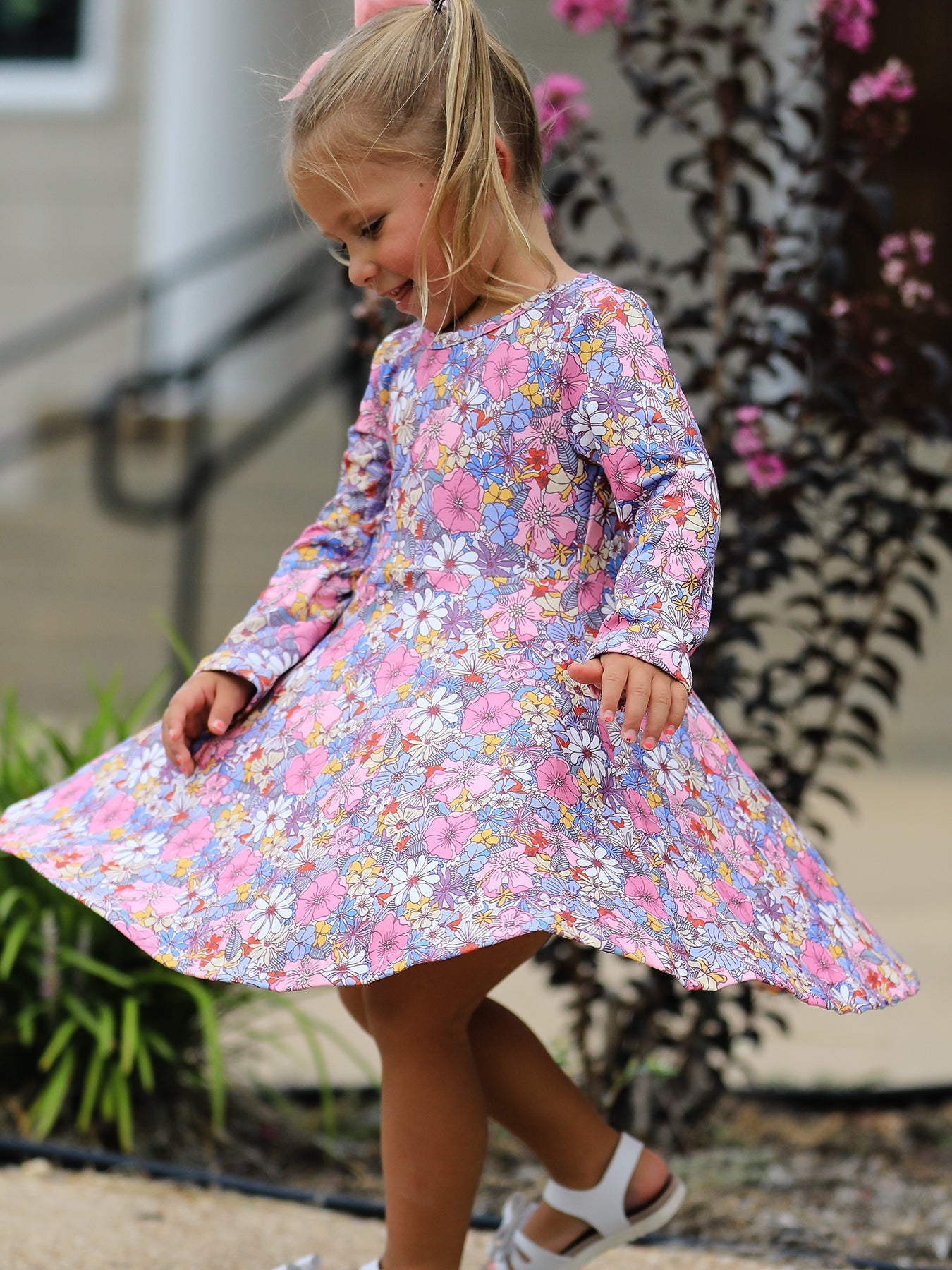 Fall Vintage Floral Print Girls Long Sleeve Twirl Dress