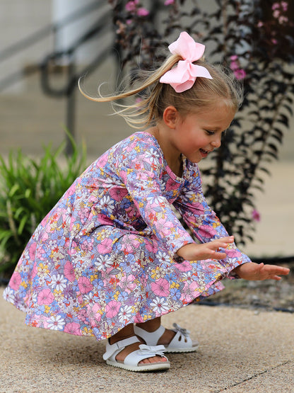 Fall Vintage Floral Print Girls Long Sleeve Twirl Dress