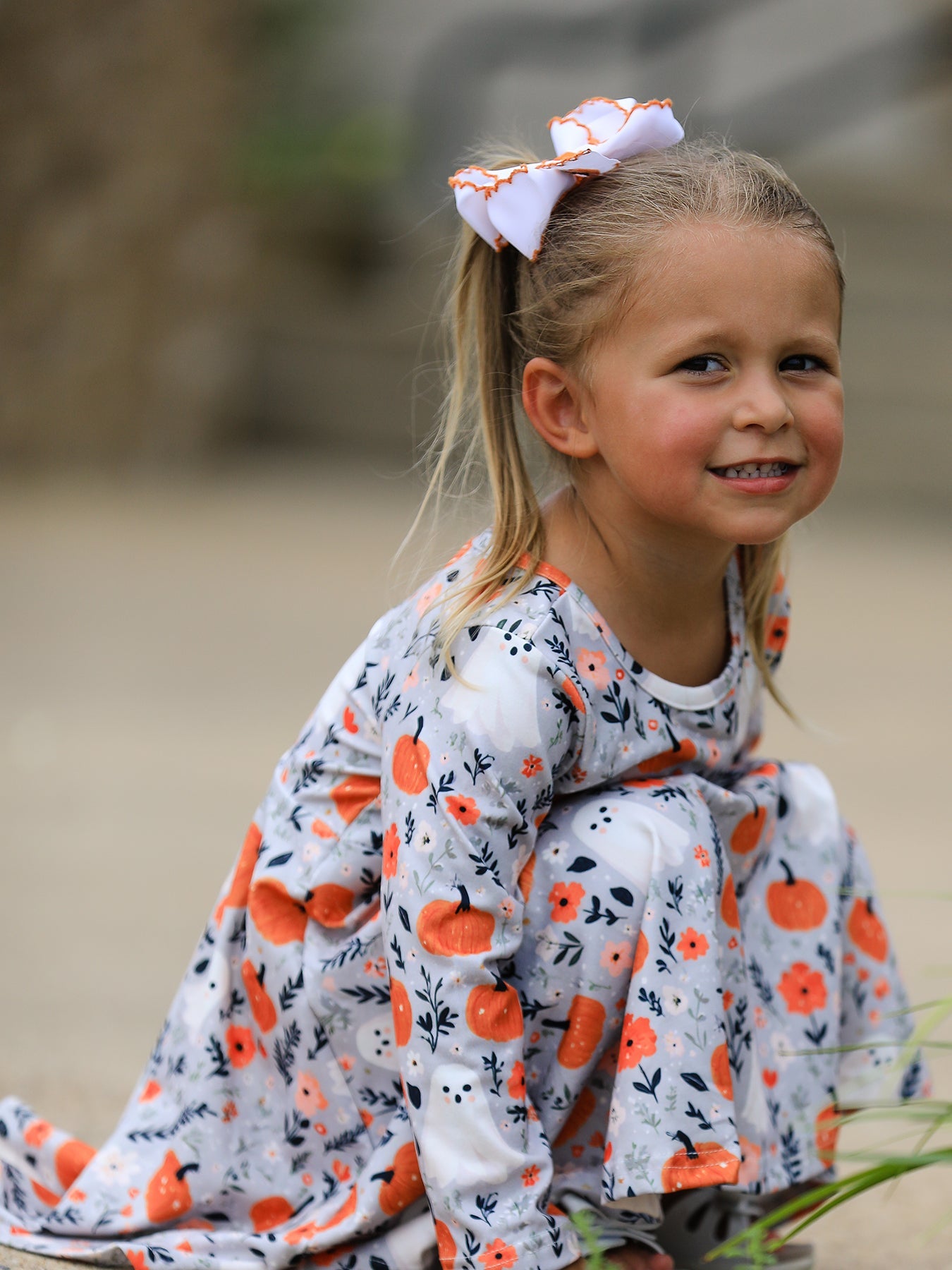 PREORDER Halloween Pumpkin Ghost Girls Dress Long Sleeve Twirl Dress