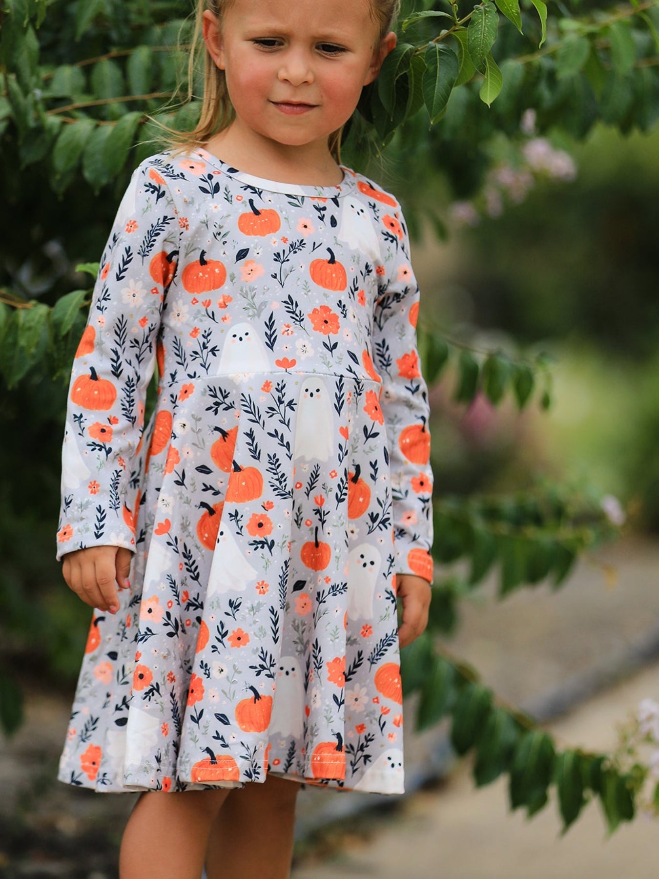 PREORDER Halloween Pumpkin Ghost Girls Dress Long Sleeve Twirl Dress