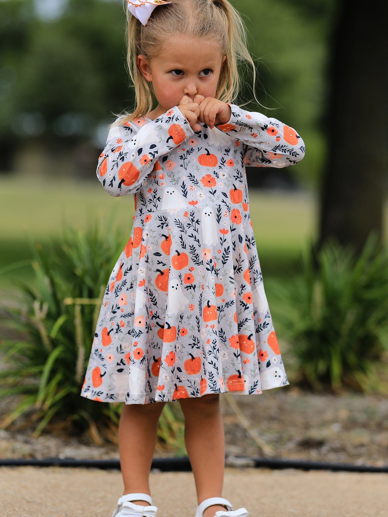 PREORDER Halloween Pumpkin Ghost Girls Dress Long Sleeve Twirl Dress