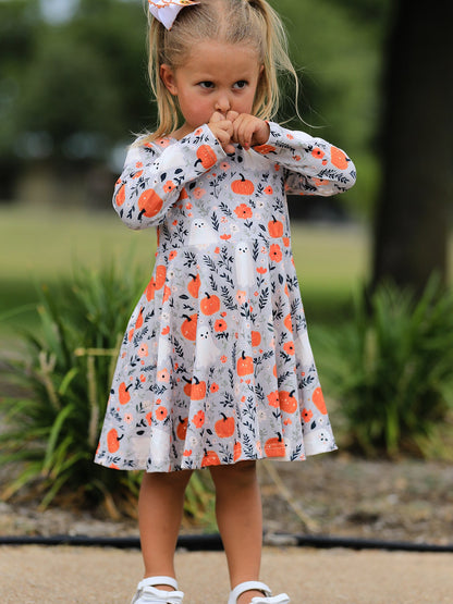 PREORDER Halloween Pumpkin Ghost Girls Dress Long Sleeve Twirl Dress