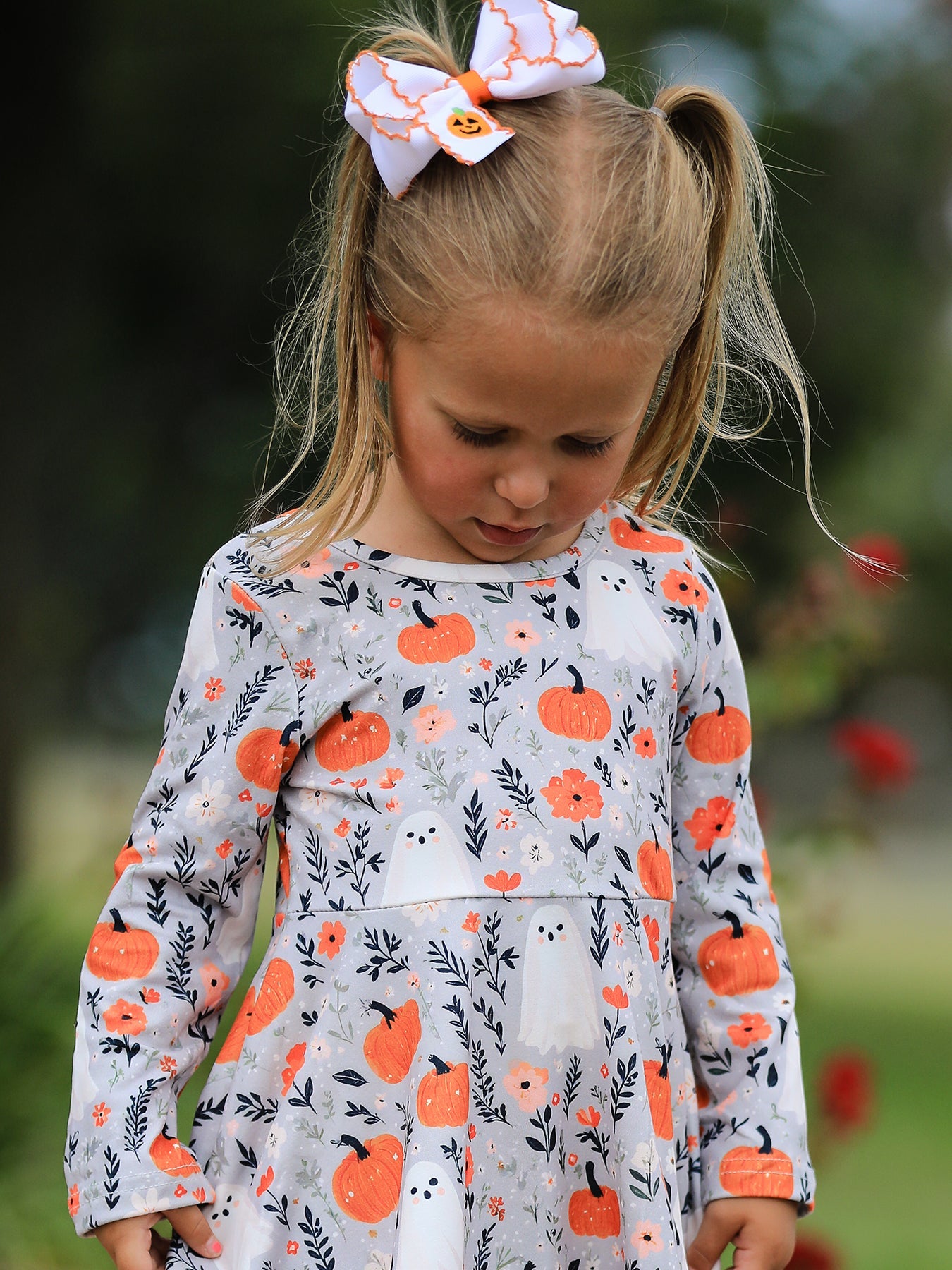 PREORDER Halloween Pumpkin Ghost Girls Dress Long Sleeve Twirl Dress