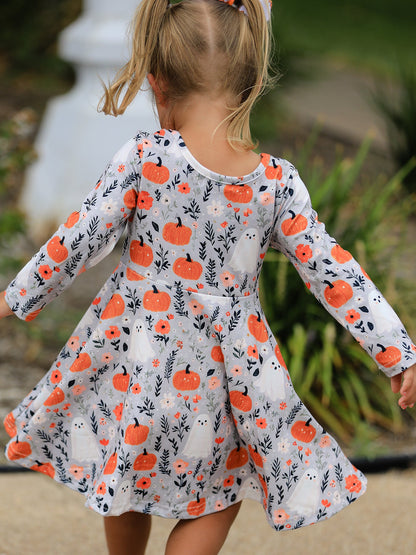 PREORDER Halloween Pumpkin Ghost Girls Dress Long Sleeve Twirl Dress