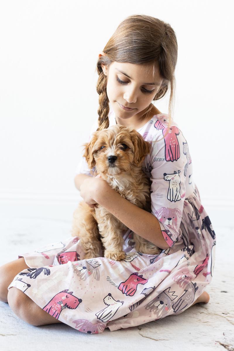 Puppy Party 3/4 Sleeve Pocket Twirl Dress