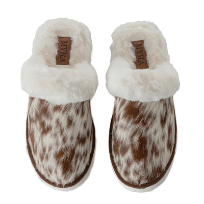 Myra Alamosa Tan Fur-Lined Hairon Leather Slippers for Women Winter Indoor Comfort, Soft Sole, Western Style