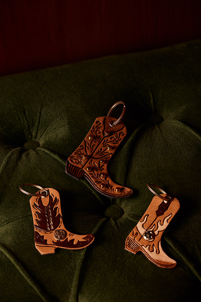 Boot Scootinâ€™ Charm Leather Key Fob in Bronco Beige