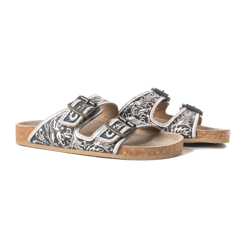Mesa Scroll Handtooled Sandals in Brown & White