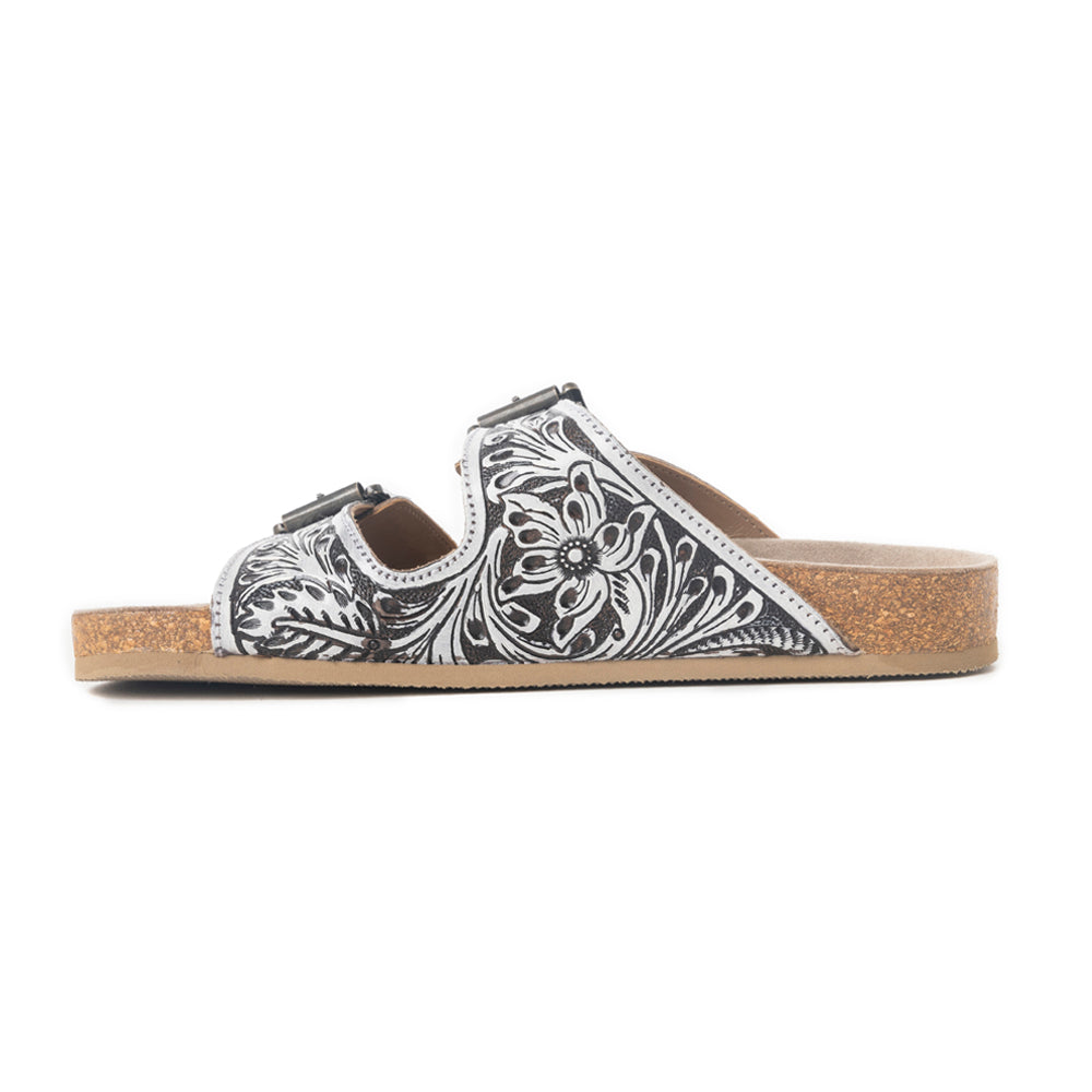 Mesa Scroll Handtooled Sandals in Brown & White