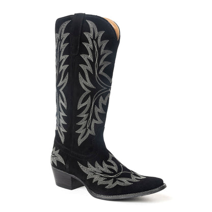 Midnight Trail Embroidered Leather Boots in Shadow Black