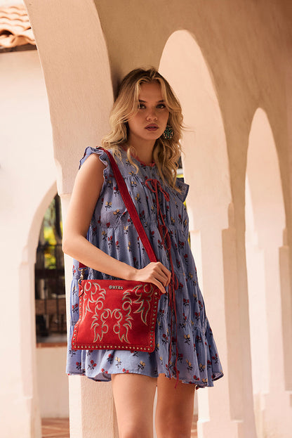 Myra Texas Rose Embroidered Leather Sling Bag for Women Suede Finish with Silver Studded Detail