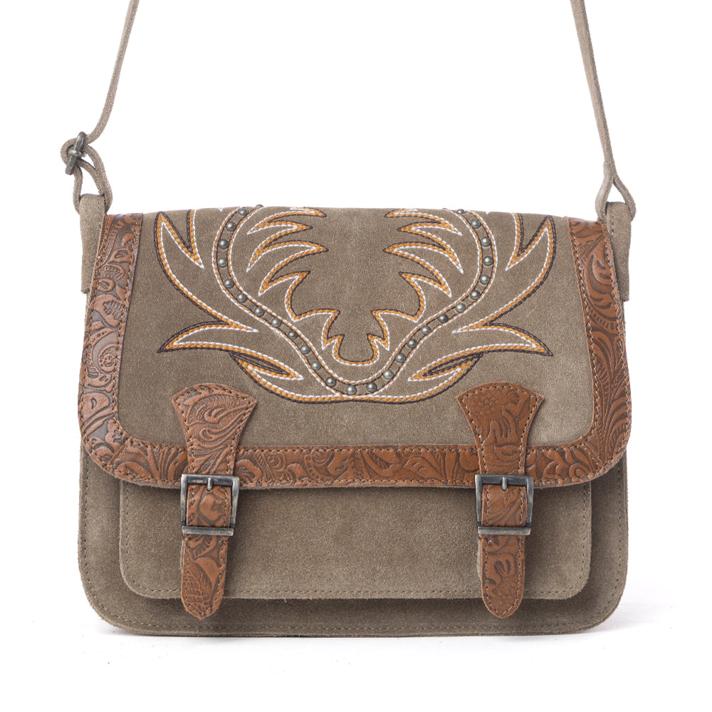 Myra Amberwood Suede Leather Boot Embroidered Bag in Olive Taupe
