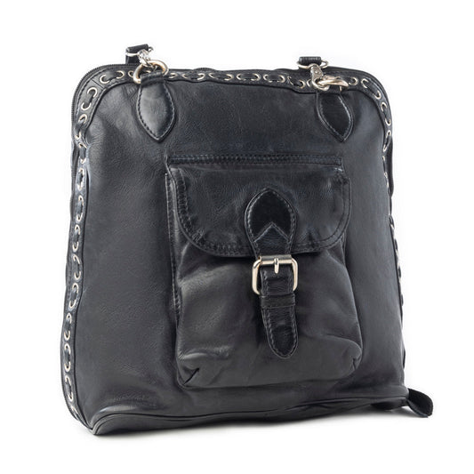 Myra Stormrider Buckled Genuine Leather Bag in Shadow Black