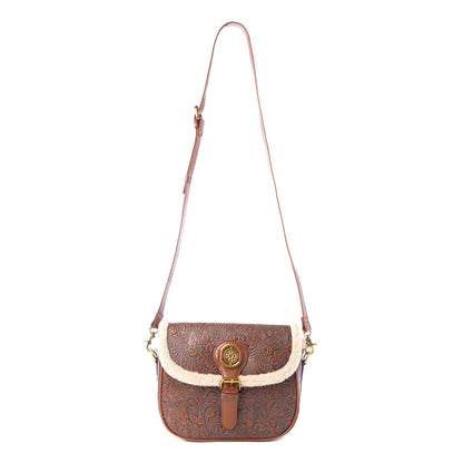 Myra Alpine Rose Embossed Leather Crossbody Bag with Fur Accent in Chestnut Red