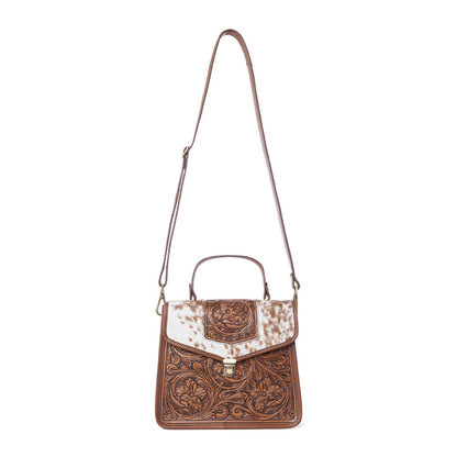 Myra Duchess Hairon Handtooled Flap and Button Leather Satchel in Mocha Cream