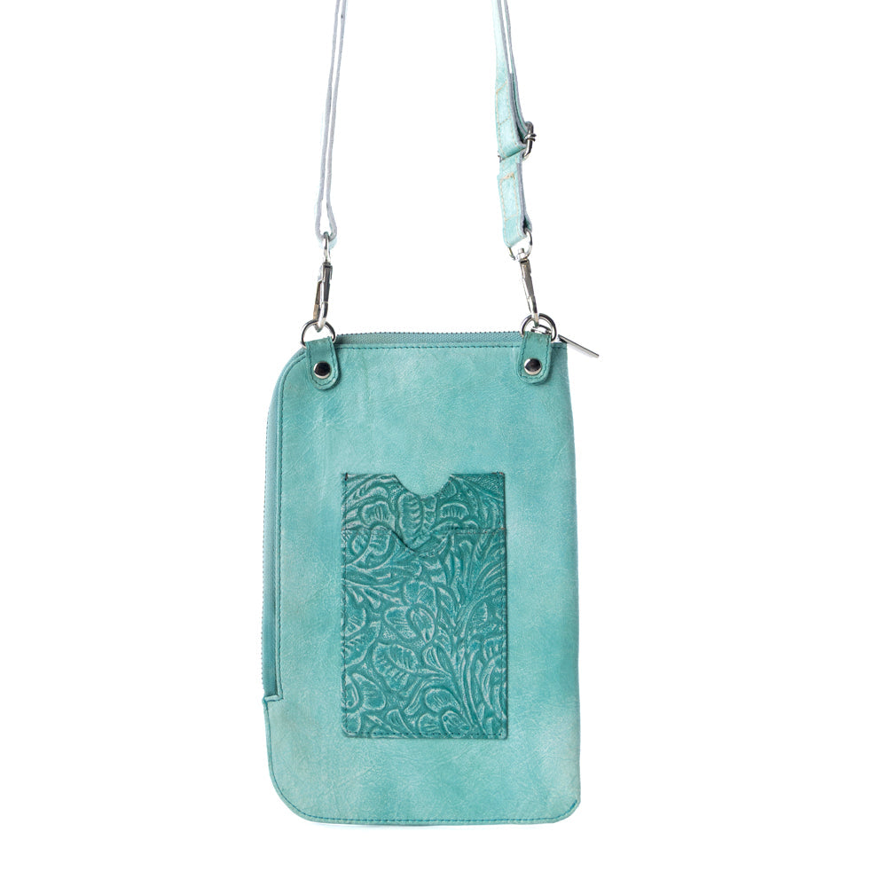 Myra Coyote Bloom Embossed mini sling for Women in aqua with floral detail