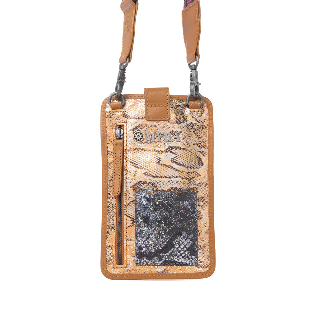 Myra Cedar Snake Print Leather Cell Phone Holder in Toffee Patch