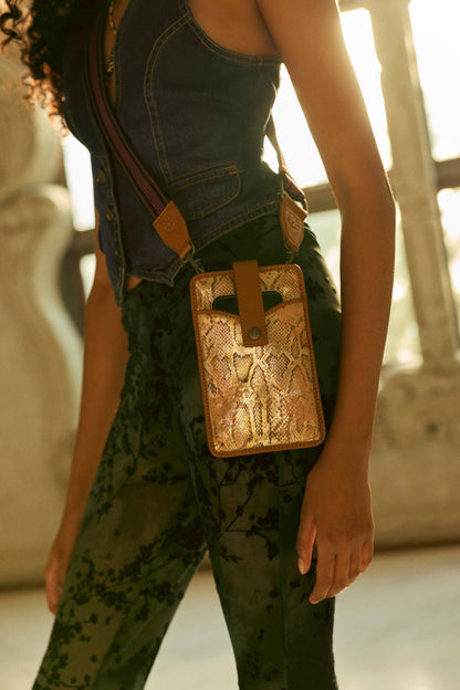 Myra Cedar Snake Print Leather Cell Phone Holder in Toffee Patch