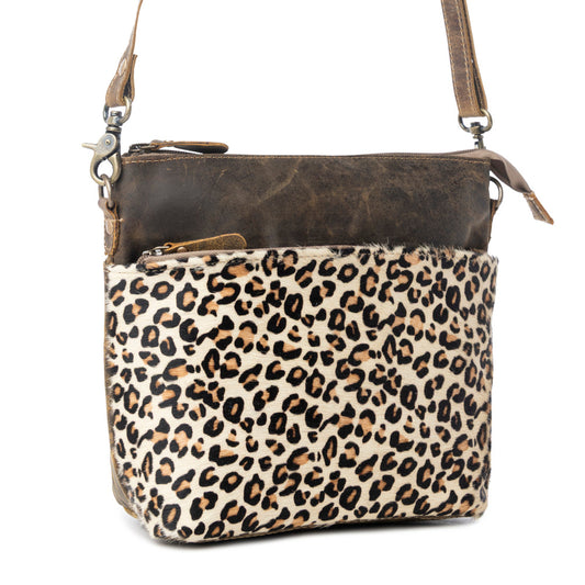 Myra Feline Hairon Leather Crossbody Bag Suede Finish, Leopard Print Front, Adjustable Strap for Everyday Chic
