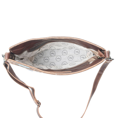 Myra Azure Petals Woven Crossbody Bag with Handtooled Leather â€“ Multicolor Embroidery, Adjustable Strap & Cutout Handle