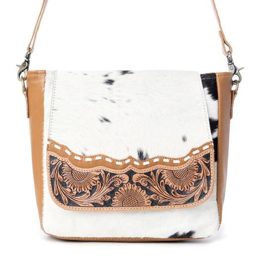 Myra Mangnifique Hairon Leather Crossbody Bag – Handtooled Flap, Concealed Carry Pocket & Adjustable Strap