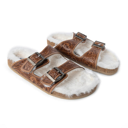 Trail Winder Hand-tooled Fur Comfort Leather Sandals