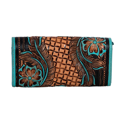 Myra Flower Crest Tooled Leather Wallet Floral Embossed with Turquoise Accents
