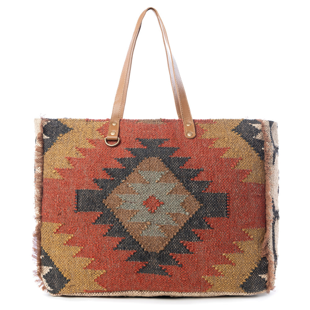 Myra Kaliko Hill Canvas Weekender Bag for Women Handwoven Boho Print with Dual Shoulder Handles