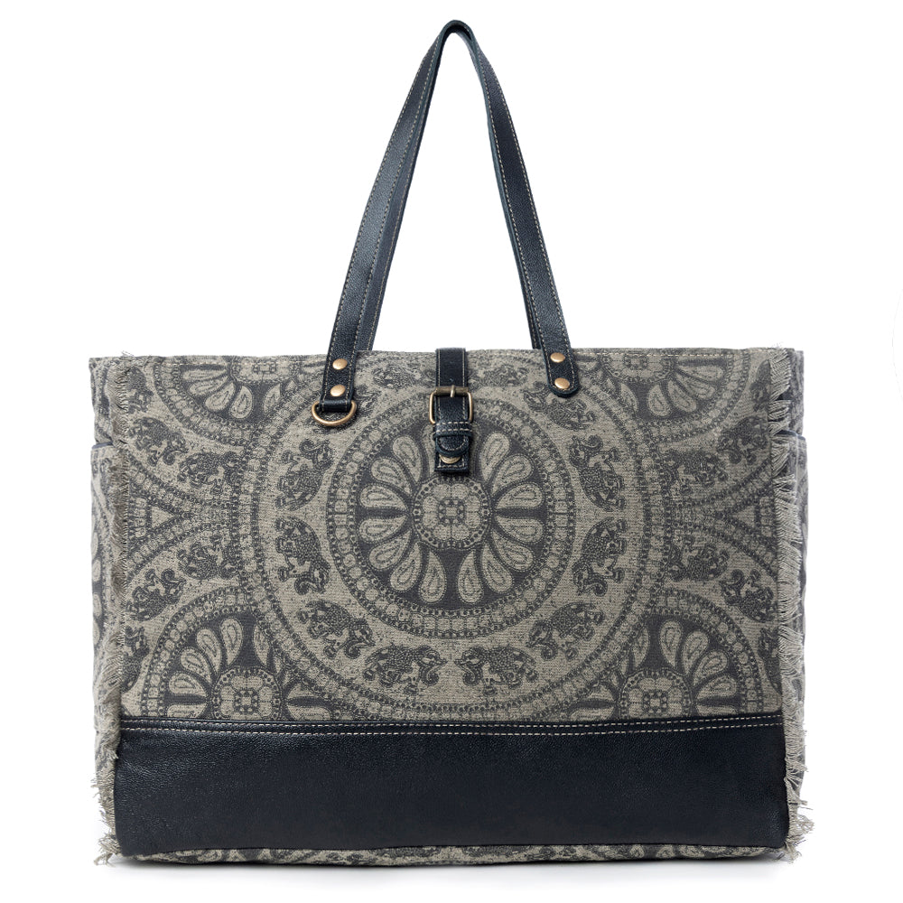 Myra Carmela Printed Canvas Weekender Bag â€“ Leather Handles with Buckle Strap, Spacious Travel Tote for Western Getaways