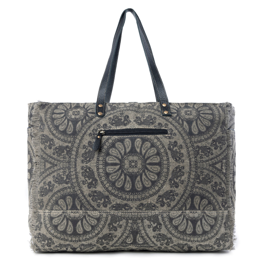 Myra Carmela Printed Canvas Weekender Bag â€“ Leather Handles with Buckle Strap, Spacious Travel Tote for Western Getaways