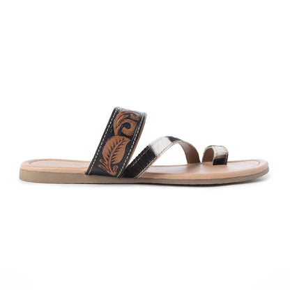Myra Greta Lee Hair-On Leather Flip Flops for Women - Hand-Tooled Western Slippers with Flat Sole for Everyday Ease