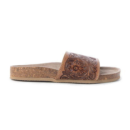Myra Dottie Handtooled Leather Slide Sandals for Women â€“ Floral Western Tooling with Cork Sole for Casual Comfort