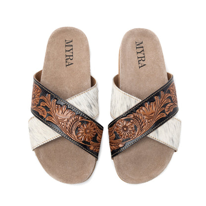 Myra Nevada Handtooled Leather Flats for Women - Double-Strap Sandals with Cushioned Cork Sole for Rodeo Chic Comfort