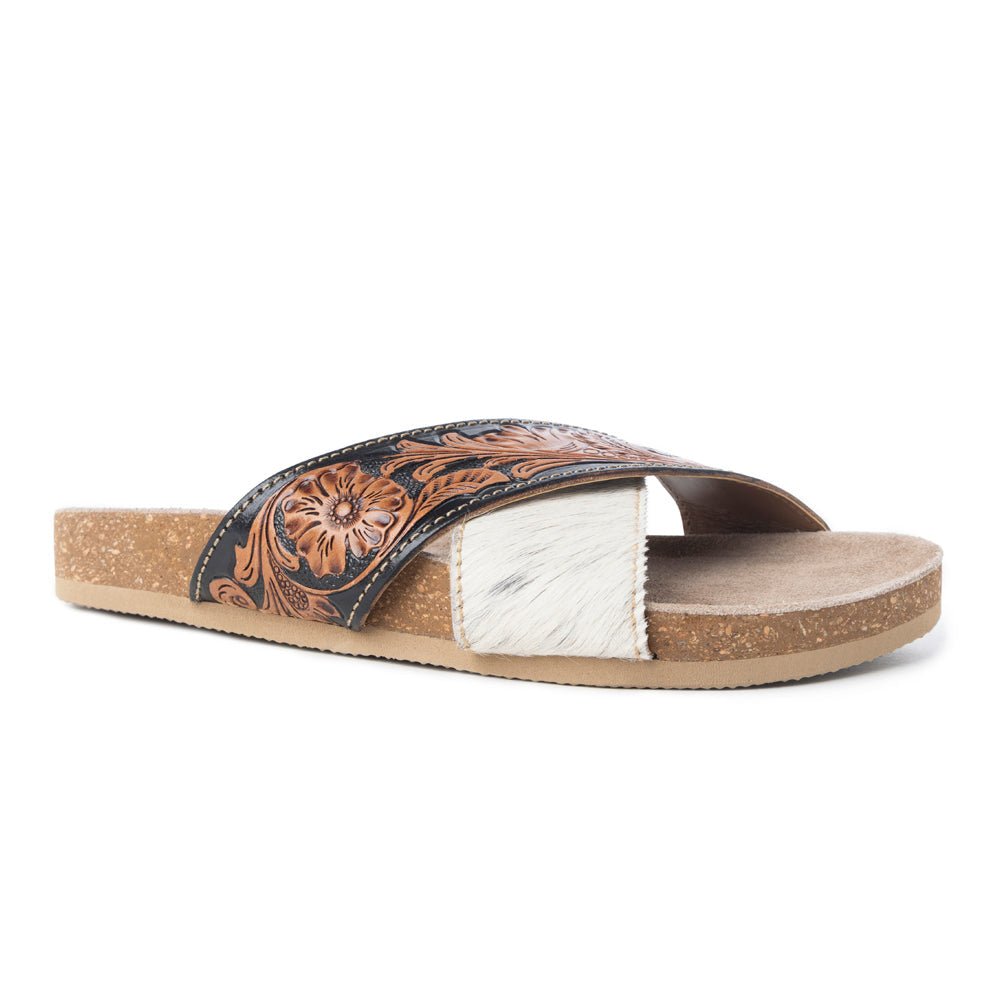 Myra Nevada Handtooled Leather Flats for Women - Double-Strap Sandals with Cushioned Cork Sole for Rodeo Chic Comfort