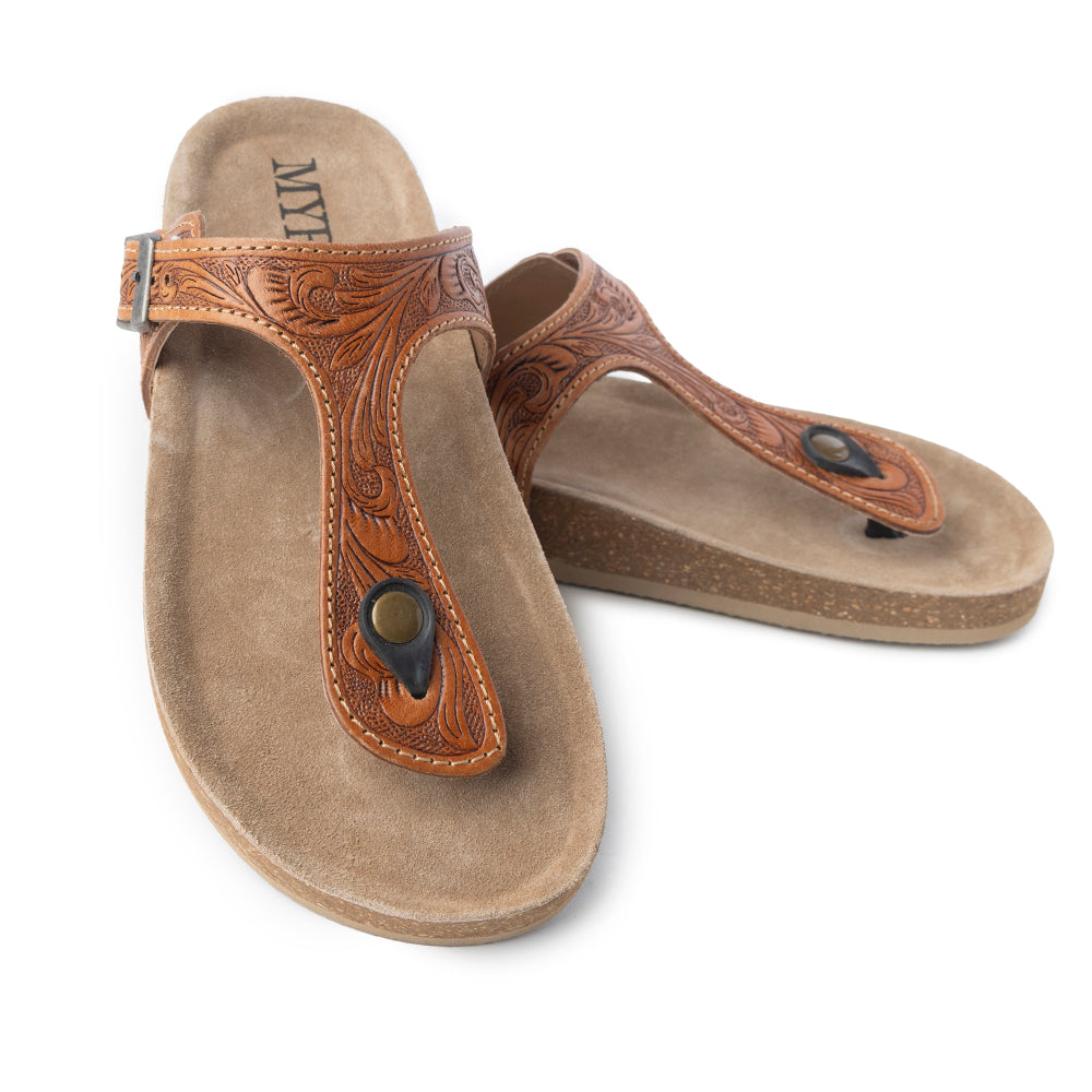 Myra Rosie Trail Handtooled Leather Sandals for Women – Cork Sole, Toe Ring Design for All-Day Comfort