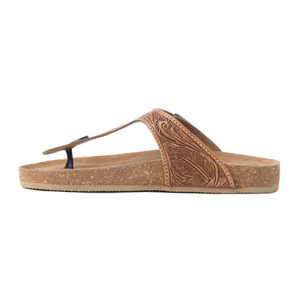 Myra Sadie Mesa Leather Slides for Women - Cushioned Cork Sole, Floral Tooled Finish for Everyday Elegance