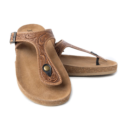Myra Sadie Mesa Leather Slides for Women - Cushioned Cork Sole, Floral Tooled Finish for Everyday Elegance