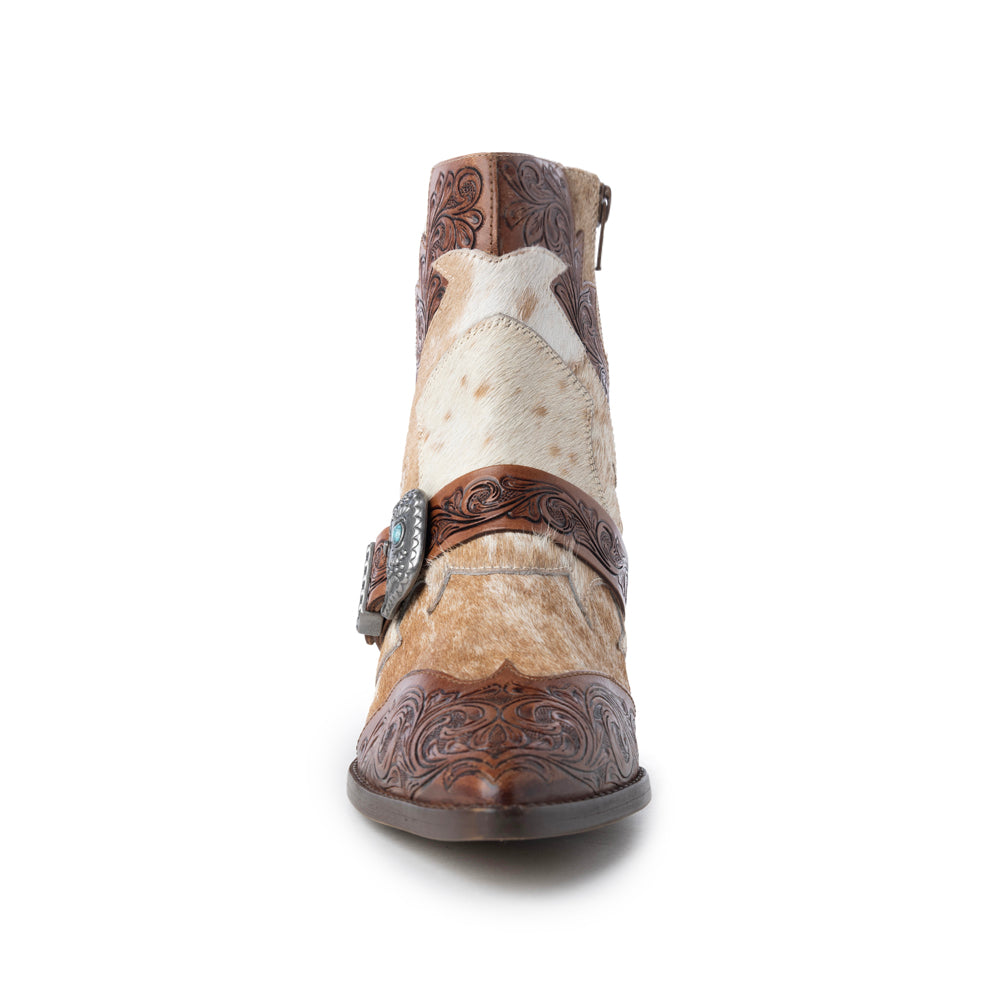 Myra Goldie Hairon Leather Boots for Women - Ankle Boots with Handtooled Leather Accents & Block Heels for Carnival Fun