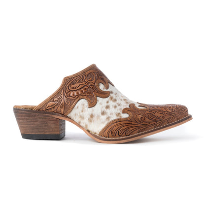 Myra Lacey Leather Mules for Women - Handtooled Leather Mid Top with Hairon Accents for Everyday Rodeo Elegance