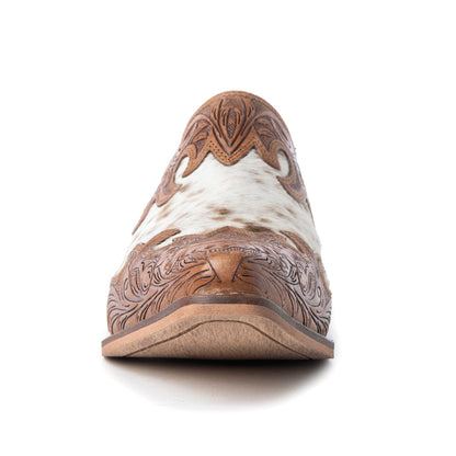 Myra Lacey Leather Mules for Women - Handtooled Leather Mid Top with Hairon Accents for Everyday Rodeo Elegance