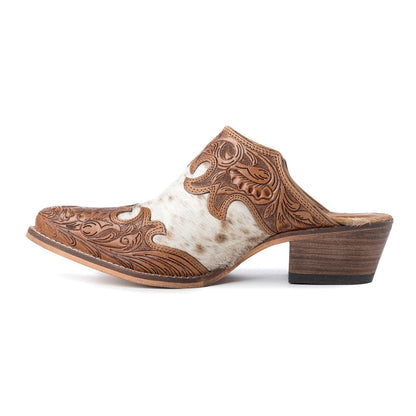 Myra Lacey Leather Mules for Women - Handtooled Leather Mid Top with Hairon Accents for Everyday Rodeo Elegance