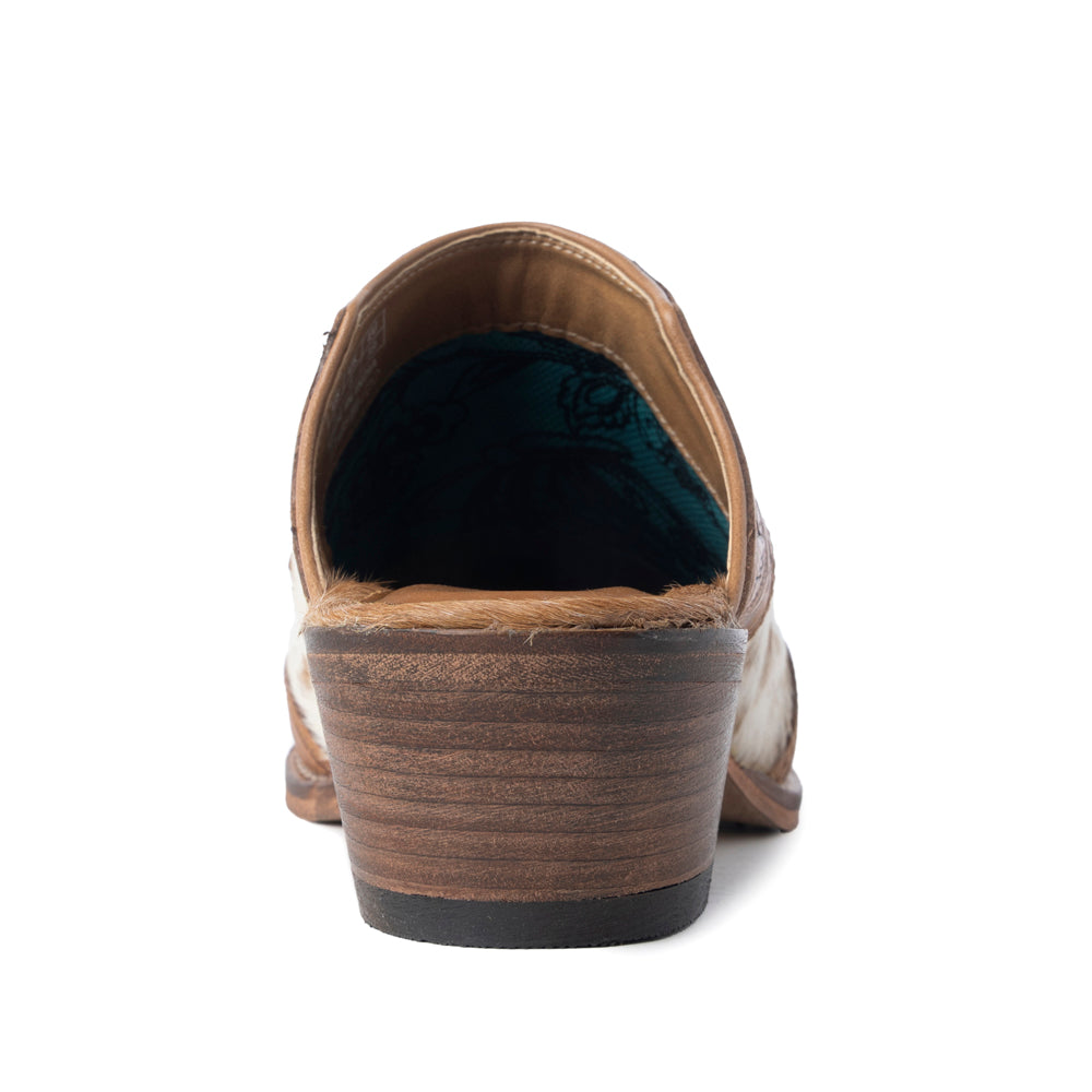 Myra Lacey Leather Mules for Women - Handtooled Leather Mid Top with Hairon Accents for Everyday Rodeo Elegance