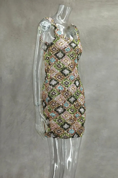Colorful Rhombus Sequins Sexy Mini Dress Elegant Chic Straps Slit Bodycon Party Dresses Summer Holidays Evening Women Dress 2025